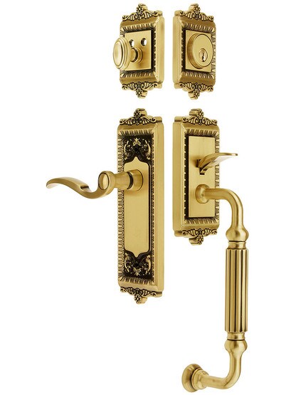 Windsor Entry Lock Set in Antique Brass Finish with Right-Handed Bellagio Lever and